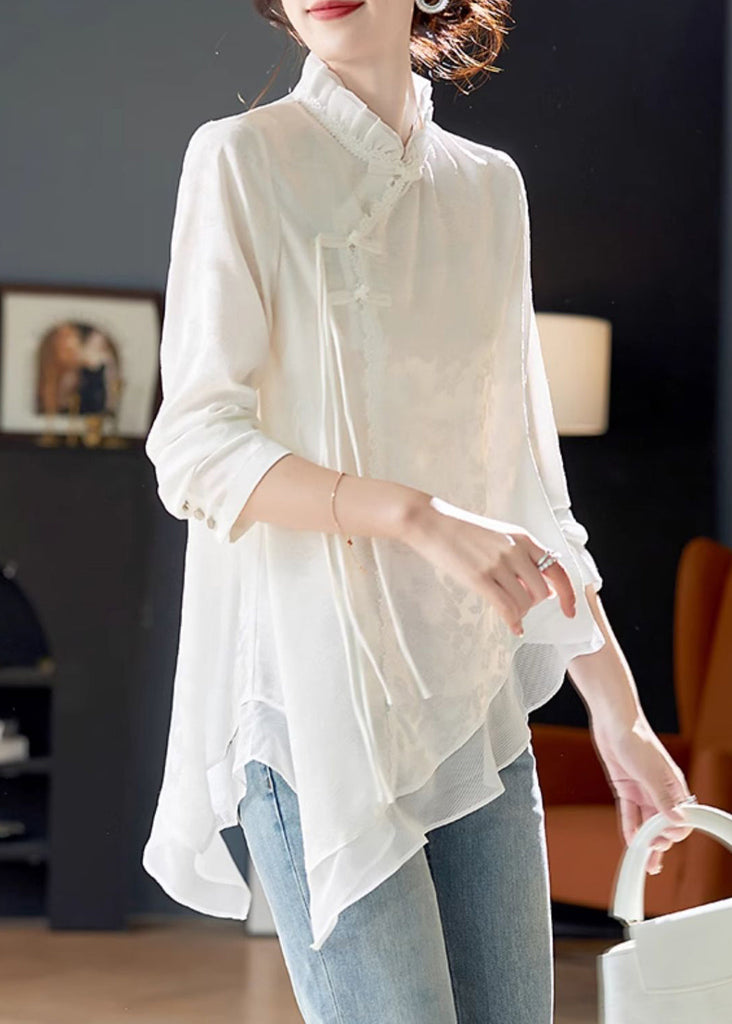 Elegant White Ruffled Chinese Button Chiffon Shirt Long Sleeve AB1022 Genistyle Shop