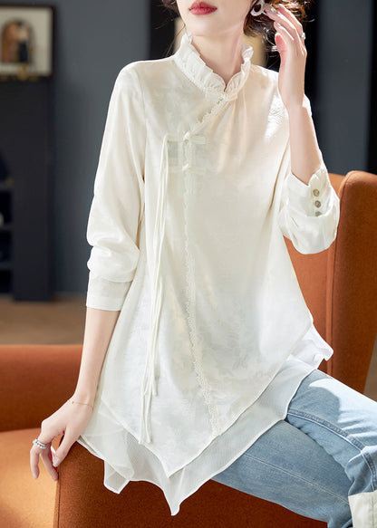 Elegant White Ruffled Chinese Button Chiffon Shirt Long Sleeve AB1022 Genistyle Shop