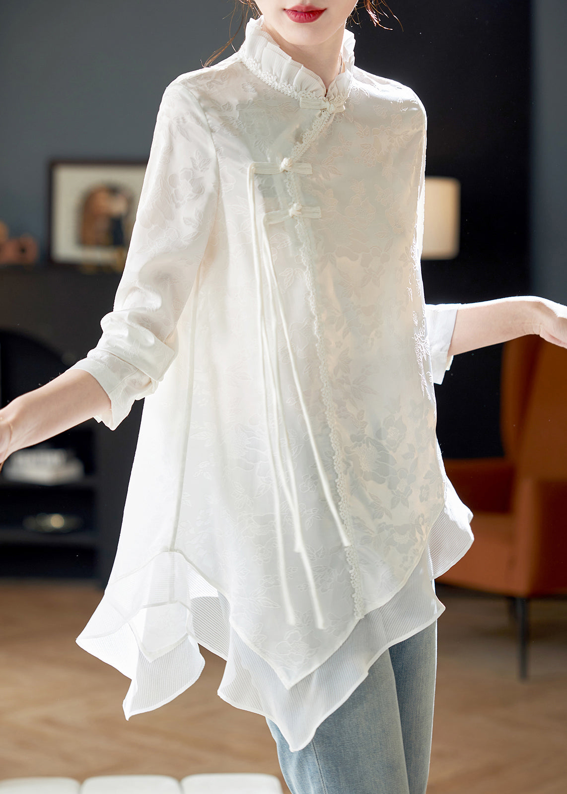 Elegant White Ruffled Chinese Button Chiffon Shirt Long Sleeve AB1022 Genistyle Shop