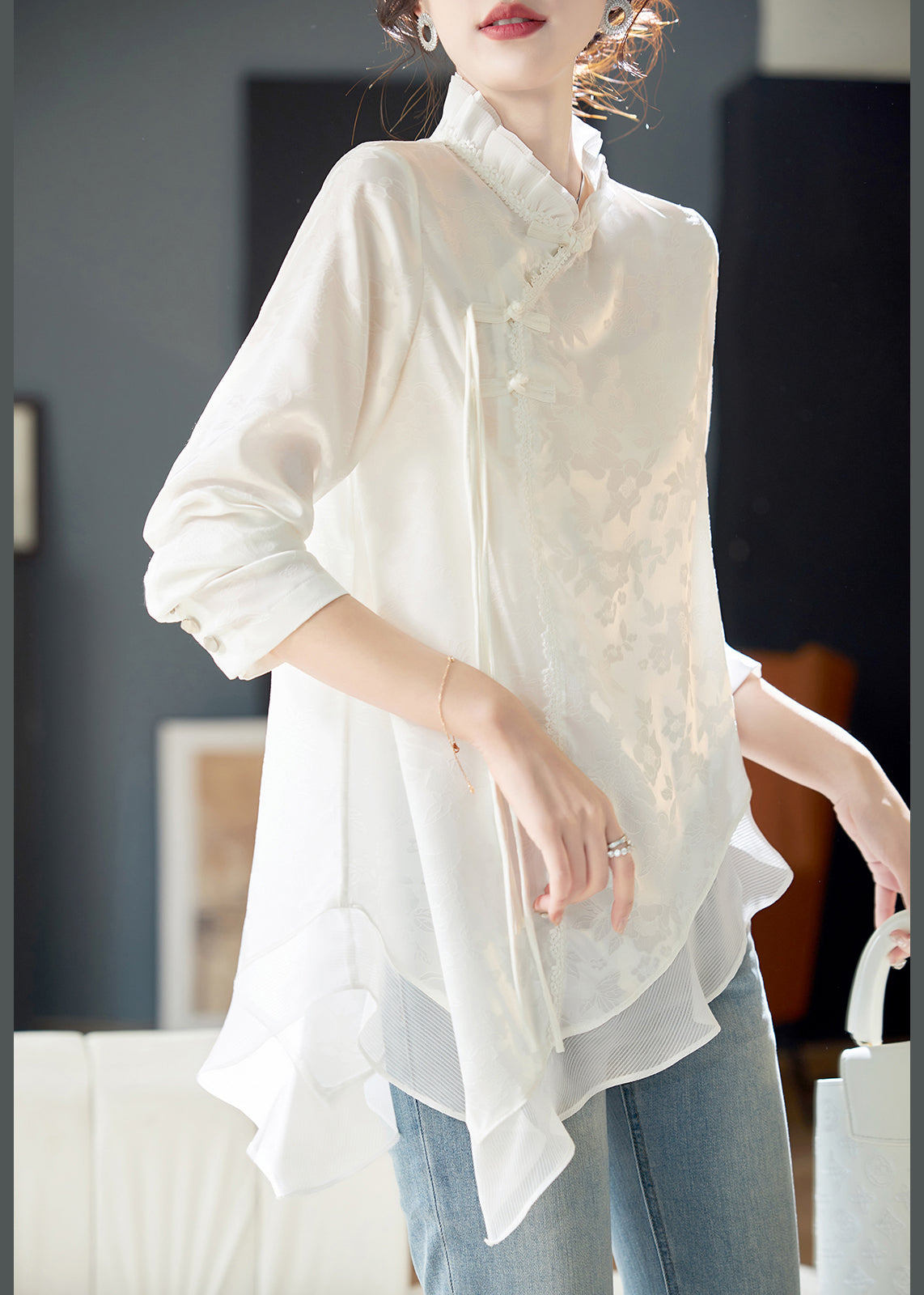 Elegant White Ruffled Chinese Button Chiffon Shirt Long Sleeve AB1022 Genistyle Shop