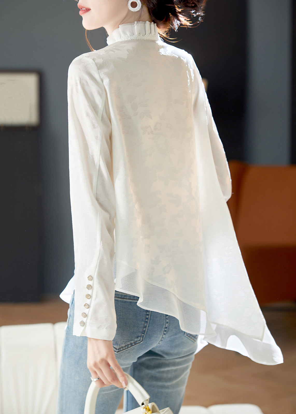 Elegant White Ruffled Chinese Button Chiffon Shirt Long Sleeve AB1022 Genistyle Shop