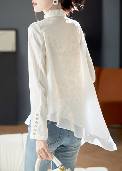 Elegant White Ruffled Chinese Button Chiffon Shirt Long Sleeve AB1022 Genistyle Shop
