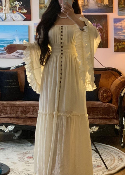 Maxi Sleeve White Elegant High Waist Cotton Dress Ruffled Flare FashionChic