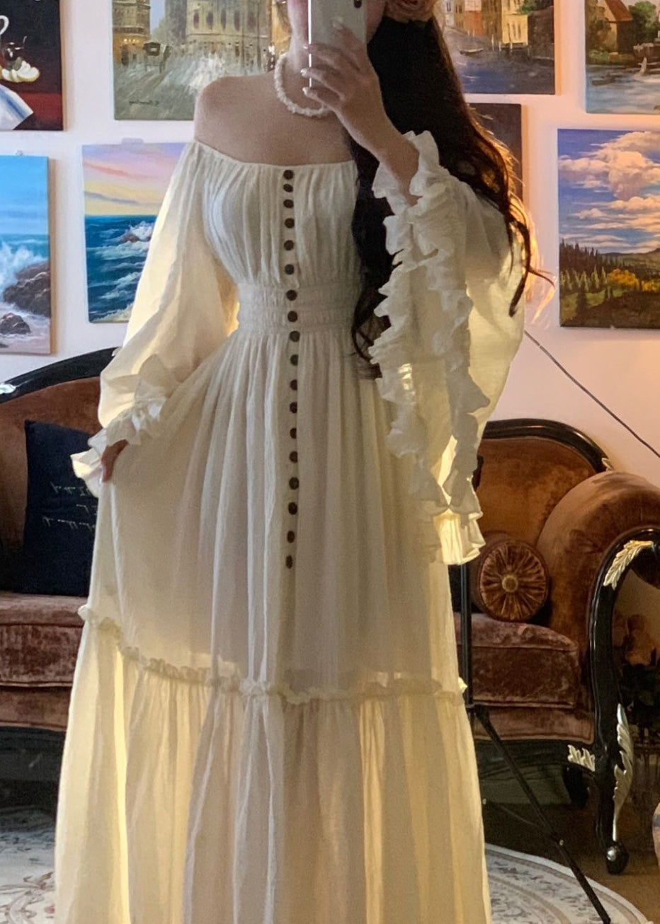 Maxi Sleeve White Elegant High Waist Cotton Dress Ruffled Flare FashionChic