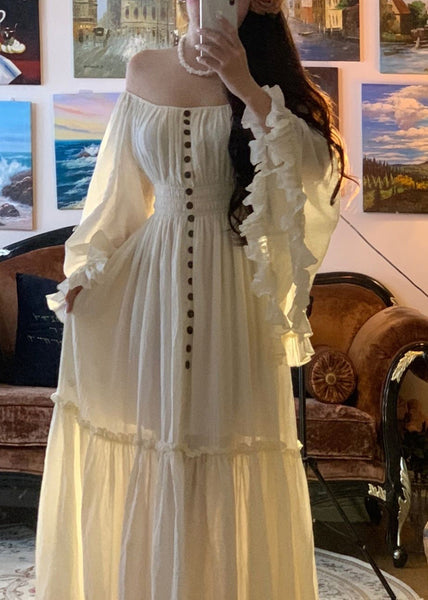 Maxi Sleeve White Elegant High Waist Cotton Dress Ruffled Flare FashionChic