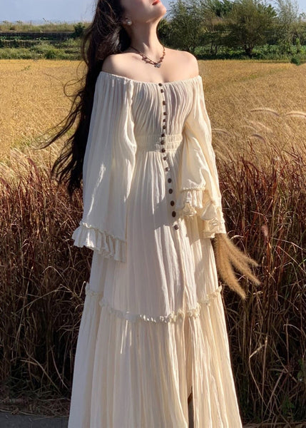 Maxi Sleeve White Elegant High Waist Cotton Dress Ruffled Flare FashionChic