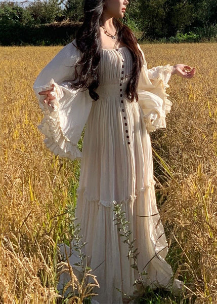 Maxi Sleeve White Elegant High Waist Cotton Dress Ruffled Flare FashionChic