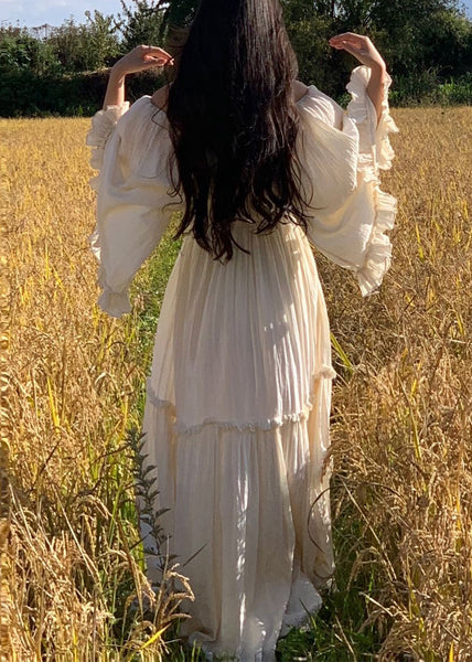 Maxi Sleeve White Elegant High Waist Cotton Dress Ruffled Flare FashionChic