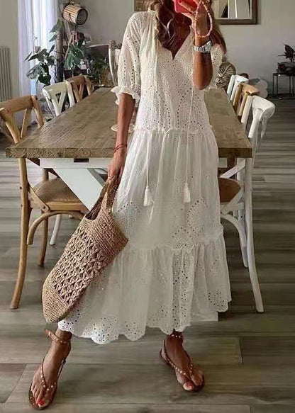 Elegant White Ruffled Hollow Out Cotton Party Dress Summer TZ026