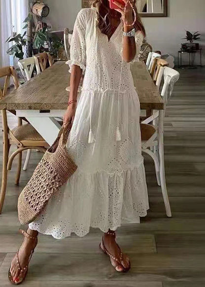 Elegant White Ruffled Hollow Out Cotton Party Dress Summer TZ026