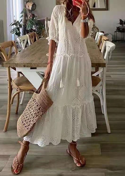 Elegant White Ruffled Hollow Out Cotton Party Dress Summer TZ026