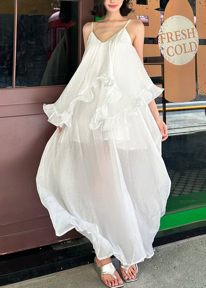 Spaghetti Cotton White Elegant Ruffled Strap Dress Patchwork FashionChic