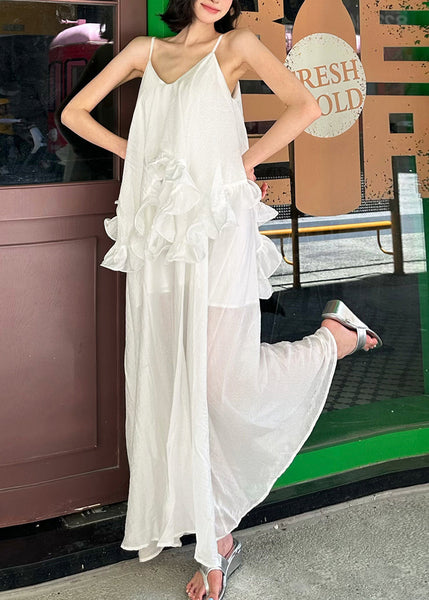 Spaghetti Cotton White Elegant Ruffled Strap Dress Patchwork FashionChic