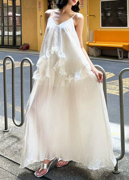 Spaghetti Cotton White Elegant Ruffled Strap Dress Patchwork FashionChic