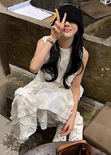 Elegant White Ruffled Solid Cotton Long Dress Sleeveless KK029 SH-LF-SDL240602