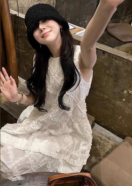 Elegant White Ruffled Solid Cotton Long Dress Sleeveless KK029 SH-LF-SDL240602