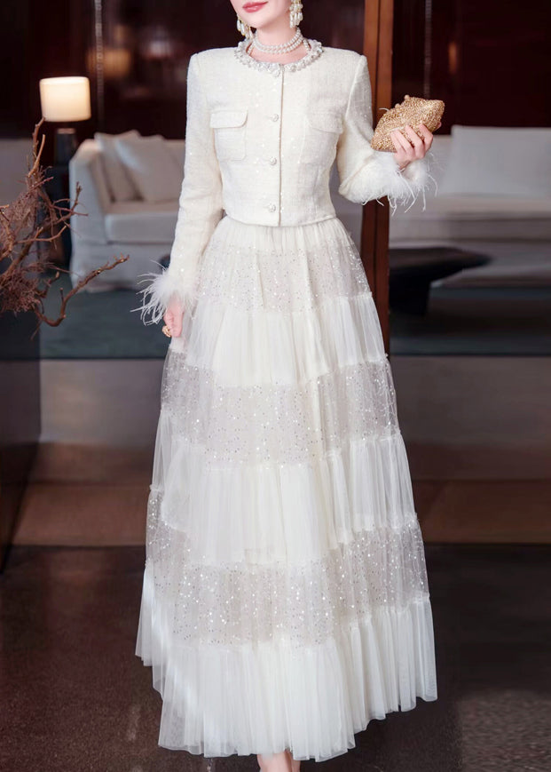 Two Elegant White Sequins Bead Tulle Maxi Coats And Skirt Nail FashionChic