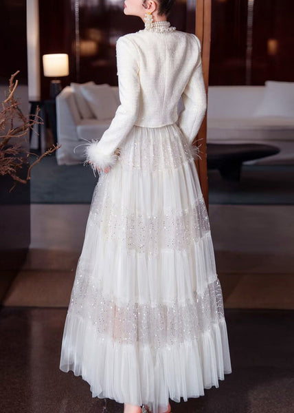 Two Elegant White Sequins Bead Tulle Maxi Coats And Skirt Nail FashionChic