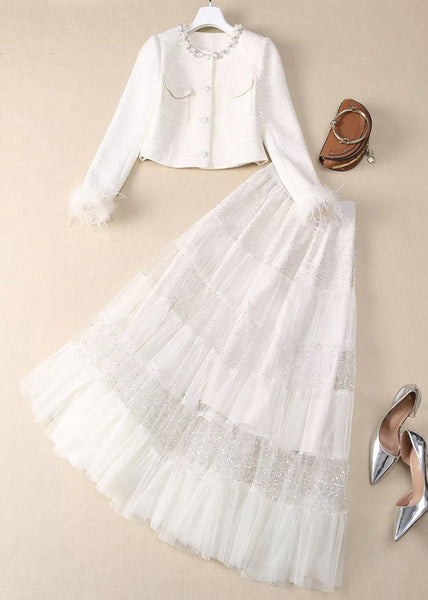 Two Elegant White Sequins Bead Tulle Maxi Coats And Skirt Nail FashionChic