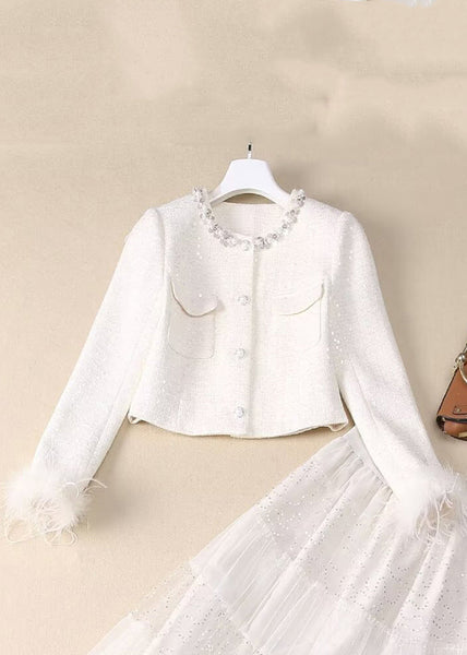 Two Elegant White Sequins Bead Tulle Maxi Coats And Skirt Nail FashionChic