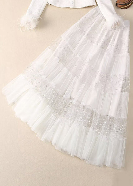 Two Elegant White Sequins Bead Tulle Maxi Coats And Skirt Nail FashionChic