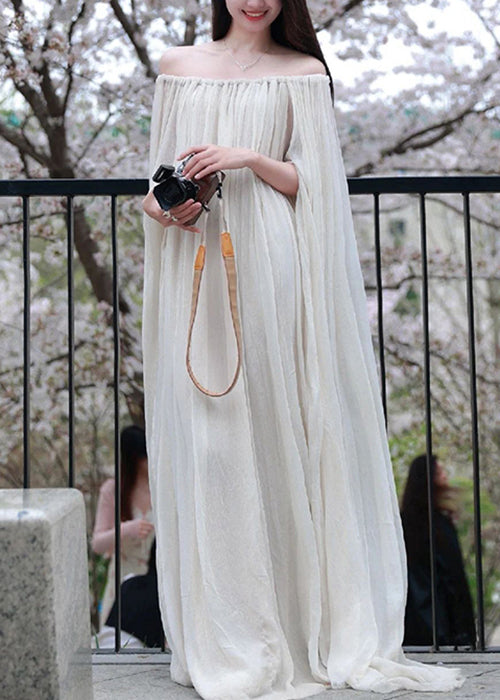 Elegant White Slash Neck Wrinkled Cotton Maxi Dress Sleeveless KK086 SH-LF-SDL240602