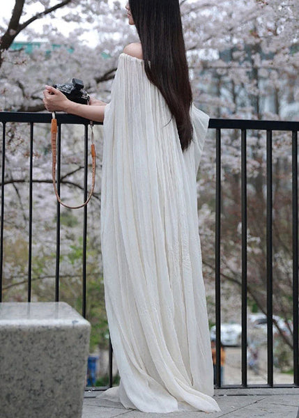 Elegant White Slash Neck Wrinkled Cotton Maxi Dress Sleeveless KK086 SH-LF-SDL240602