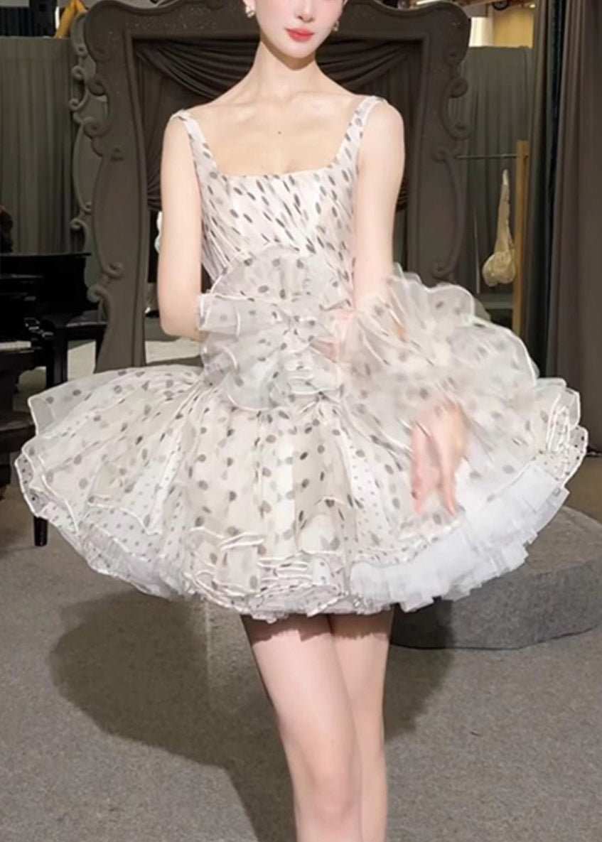 Dresses Chiffon Elegant Sleeveless White Dot Collar Mini Square FashionChic