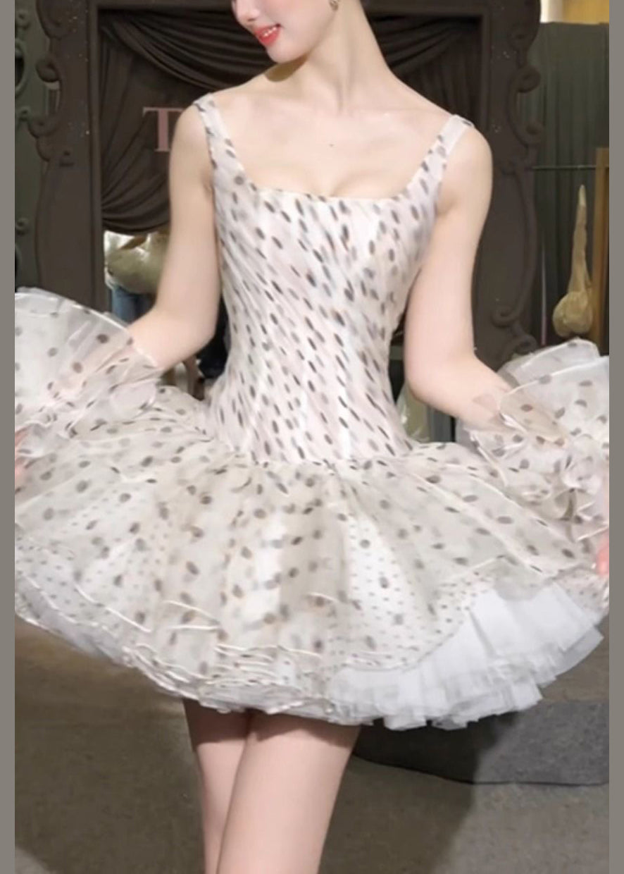 Dresses Chiffon Elegant Sleeveless White Dot Collar Mini Square FashionChic