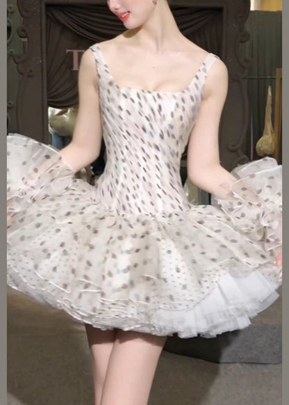 Dresses Chiffon Elegant Sleeveless White Dot Collar Mini Square FashionChic