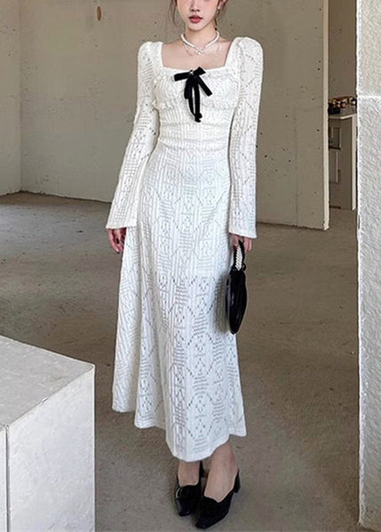 Elegant White Square Collar Hollow Out Cotton Long Dresses Spring YT037 ABC