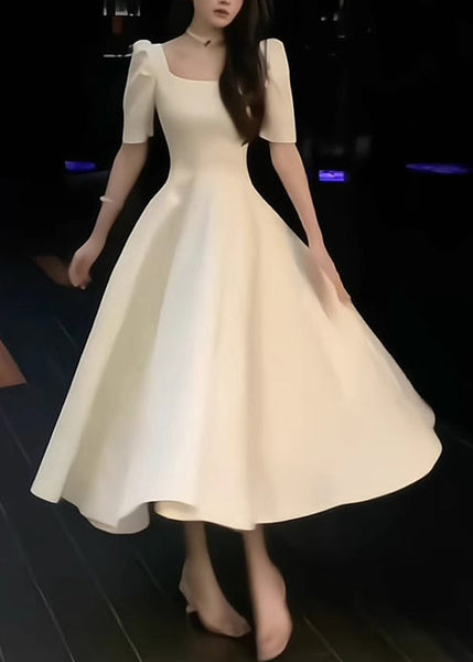 Elegant White Square Collar Solid Cotton Long Dress Summer XX016 SH-LF-SDL240611