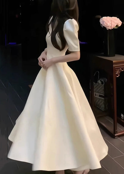 Elegant White Square Collar Solid Cotton Long Dress Summer XX016 SH-LF-SDL240611