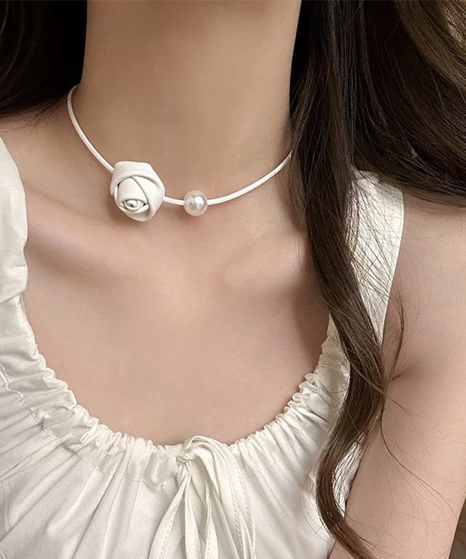 Elegant White Stainless Steel Pearl Rose Choker YA003 ABC
