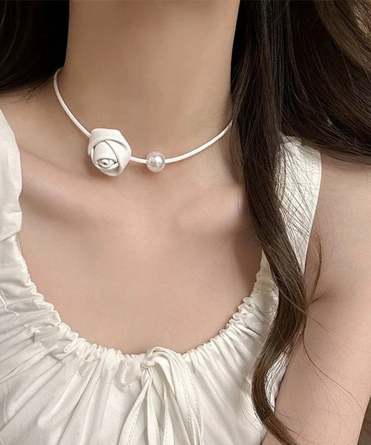 Elegant White Stainless Steel Pearl Rose Choker YA003 ABC