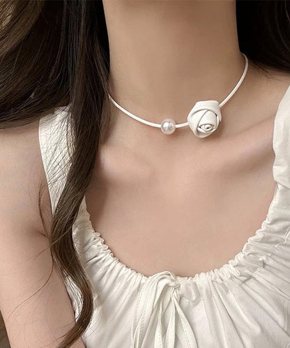 Elegant White Stainless Steel Pearl Rose Choker YA003 ABC