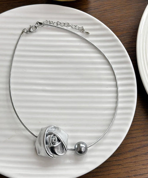 Elegant White Stainless Steel Pearl Rose Choker YA003 ABC