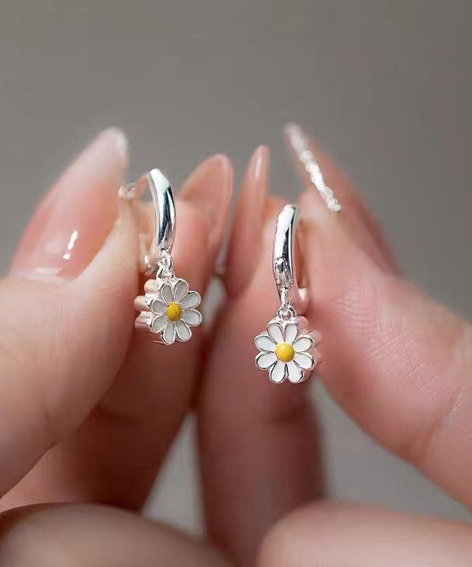 Elegant Hoop Silver Sterling Earrings White Chrysanthemum FashionChic