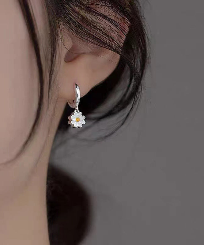 Elegant Hoop Silver Sterling Earrings White Chrysanthemum FashionChic