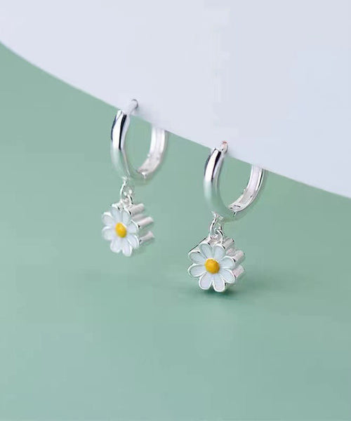 Elegant Hoop Silver Sterling Earrings White Chrysanthemum FashionChic