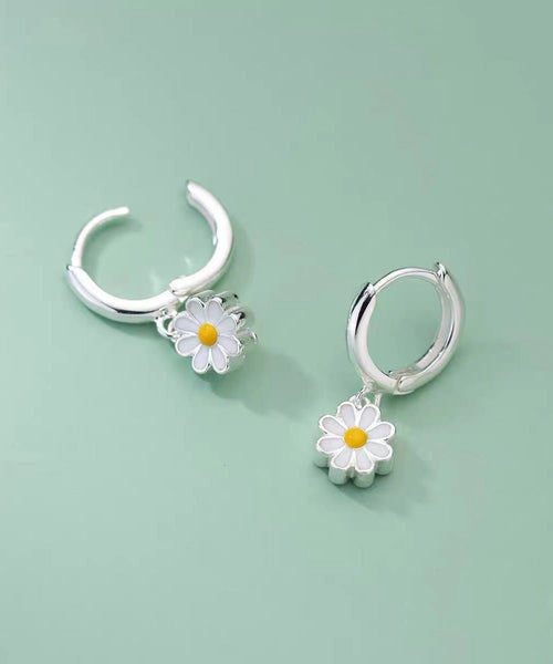 Elegant Hoop Silver Sterling Earrings White Chrysanthemum FashionChic