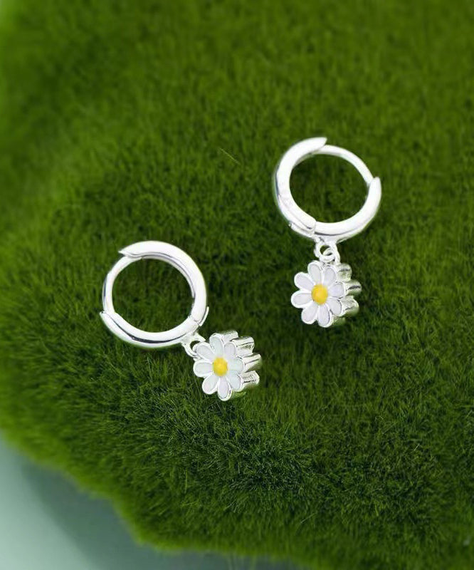Elegant Hoop Silver Sterling Earrings White Chrysanthemum FashionChic
