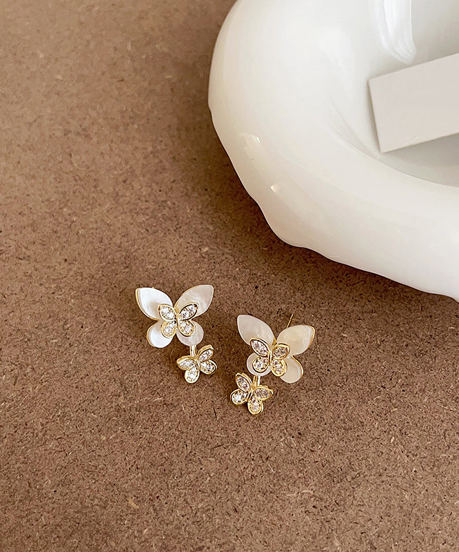 Elegant White Sterling Silver Overgild Zircon Floral Butterfly Stud Earrings QZ009 JEW-EAR241023