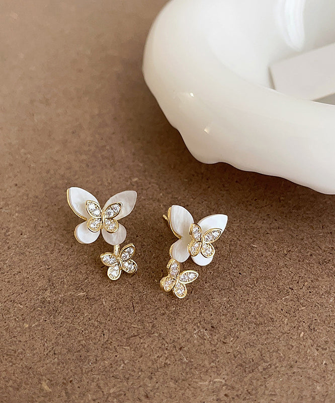 Elegant White Sterling Silver Overgild Zircon Floral Butterfly Stud Earrings QZ009 JEW-EAR241023