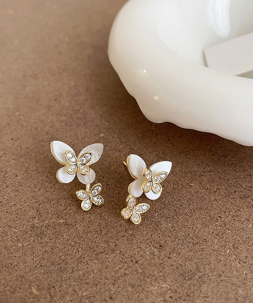 Elegant White Sterling Silver Overgild Zircon Floral Butterfly Stud Earrings QZ009 JEW-EAR241023