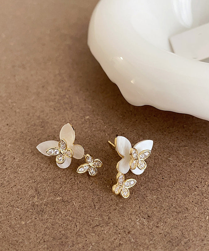 Elegant White Sterling Silver Overgild Zircon Floral Butterfly Stud Earrings QZ009 JEW-EAR241023