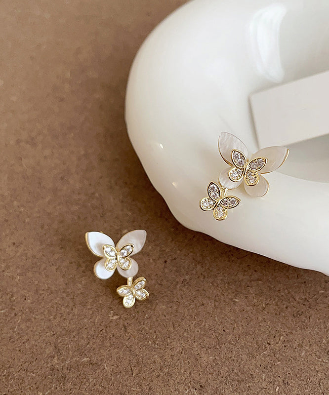 Elegant White Sterling Silver Overgild Zircon Floral Butterfly Stud Earrings QZ009 JEW-EAR241023