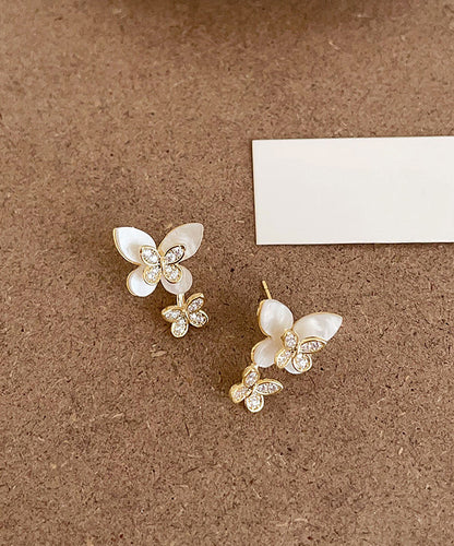 Elegant White Sterling Silver Overgild Zircon Floral Butterfly Stud Earrings QZ009 JEW-EAR241023