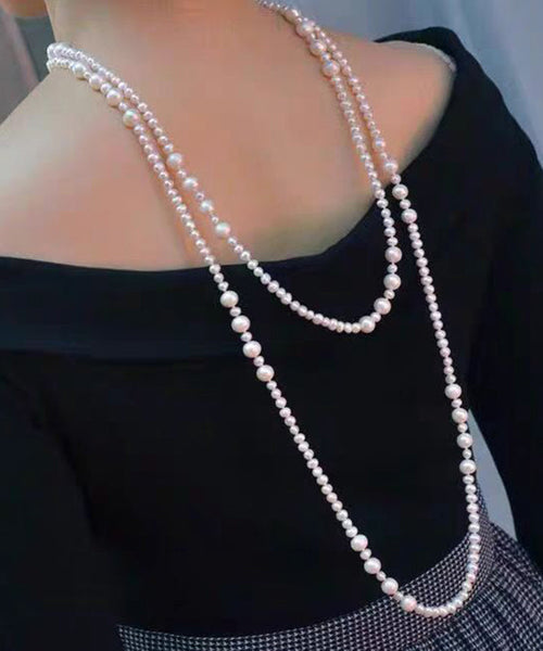 Elegant White Sterling Silver Pearl Sweater Necklace YR002 ABC