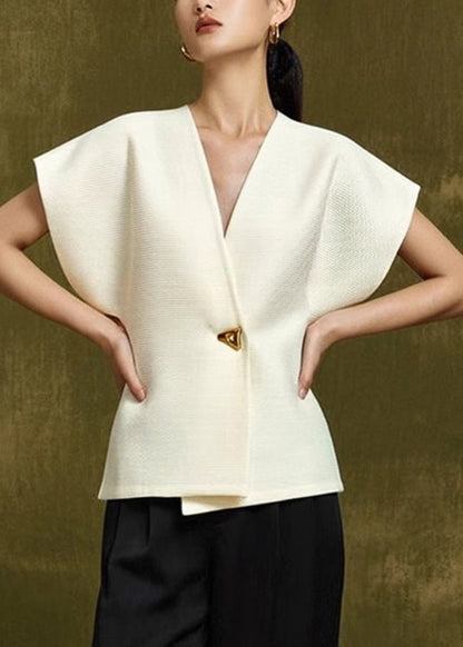 V White Elegant Summer Top Button Neck FashionChic